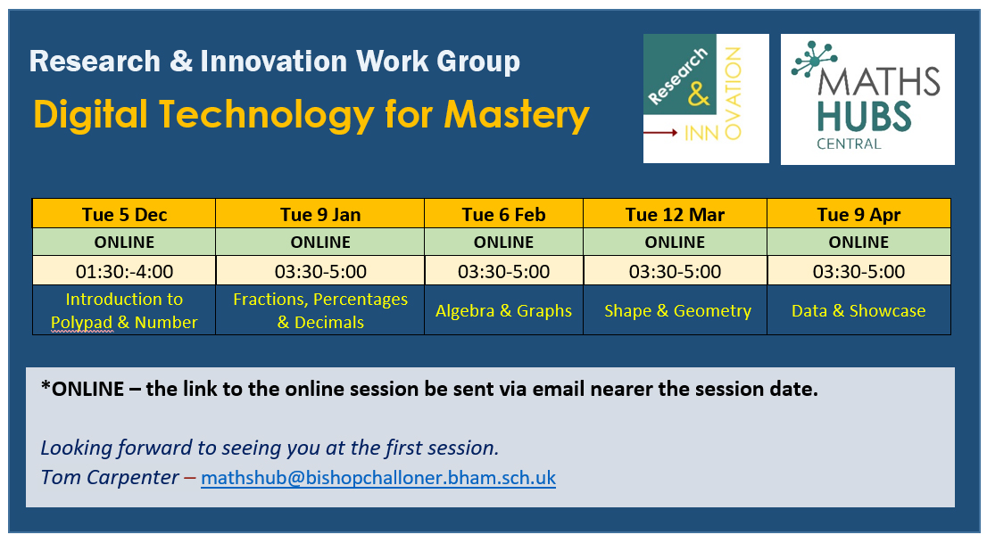 New this academic year.  This RIWG is open any teacher, both primary and secondary, who has any interest in using digital technology within the classroom and has some experience with the ideas of Teaching for Mastery.   Book your place now: centralmathshub.com/riwg-23a-digit…