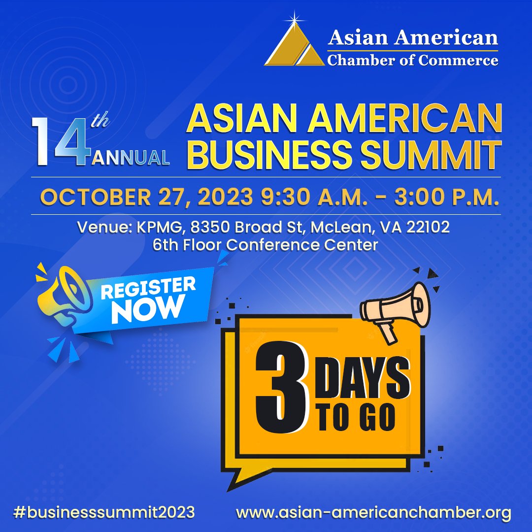 The countdown is on to attend the 2023 #AsianAmericanBusinessSummit!
Have you purchased your ticket(s) to attend #AACC’s #14thAnnualBusinessSummit on October 27, 2023, from 9:30 A.M. to 3:00 P.M
Go to asian-americanchamber.org/business-summi… to find out more and make your reservation to attend.