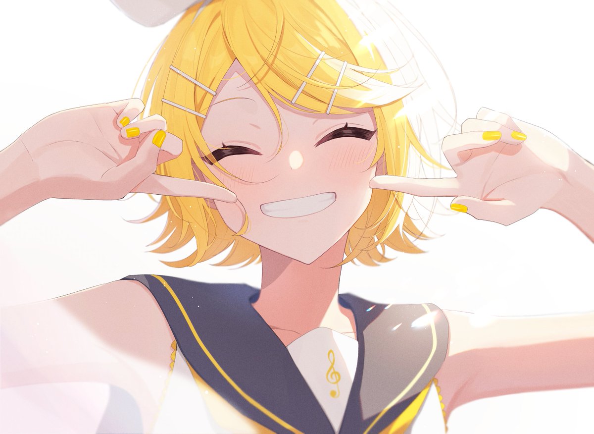 kagamine rin 1girl blonde hair smile yellow nails closed eyes hair ornament solo  illustration images