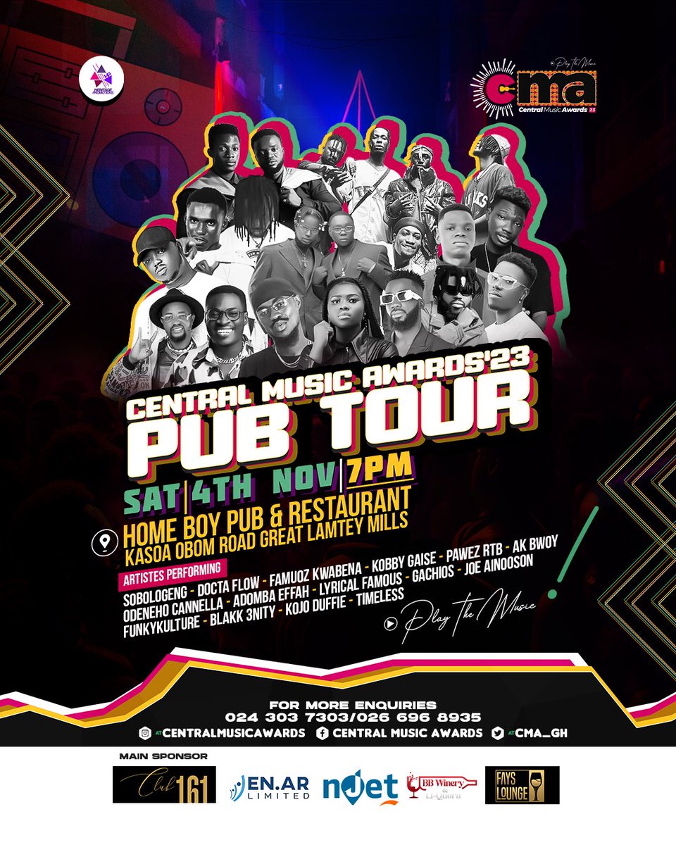 Introducing the Central Music Awards 2023 Pub Tour! Our first stop is KASOA.🗣️🎤🎶🔥

DATE: Saturday, 4th November, 2023 
TIME: 7PM 🕖
VENUE: HOME BOY PUB &amp; RESTAURANT
📍 Kasoa Obom Road, Great Lamptey Mills 

The <a href="/CMA_Gh/">𝐂𝐞𝐧𝐭𝐫𝐚𝐥 𝐌𝐮𝐬𝐢𝐜 𝐀𝐰𝐚𝐫𝐝𝐬 2025</a> is powered by <a href="/heritagepromogh/">Heritage Promotions</a> 

#CMA23 #PlayTheMusic