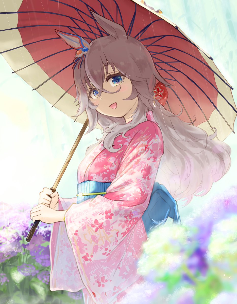 1girl umbrella animal ears japanese clothes solo kimono blue eyes  illustration images