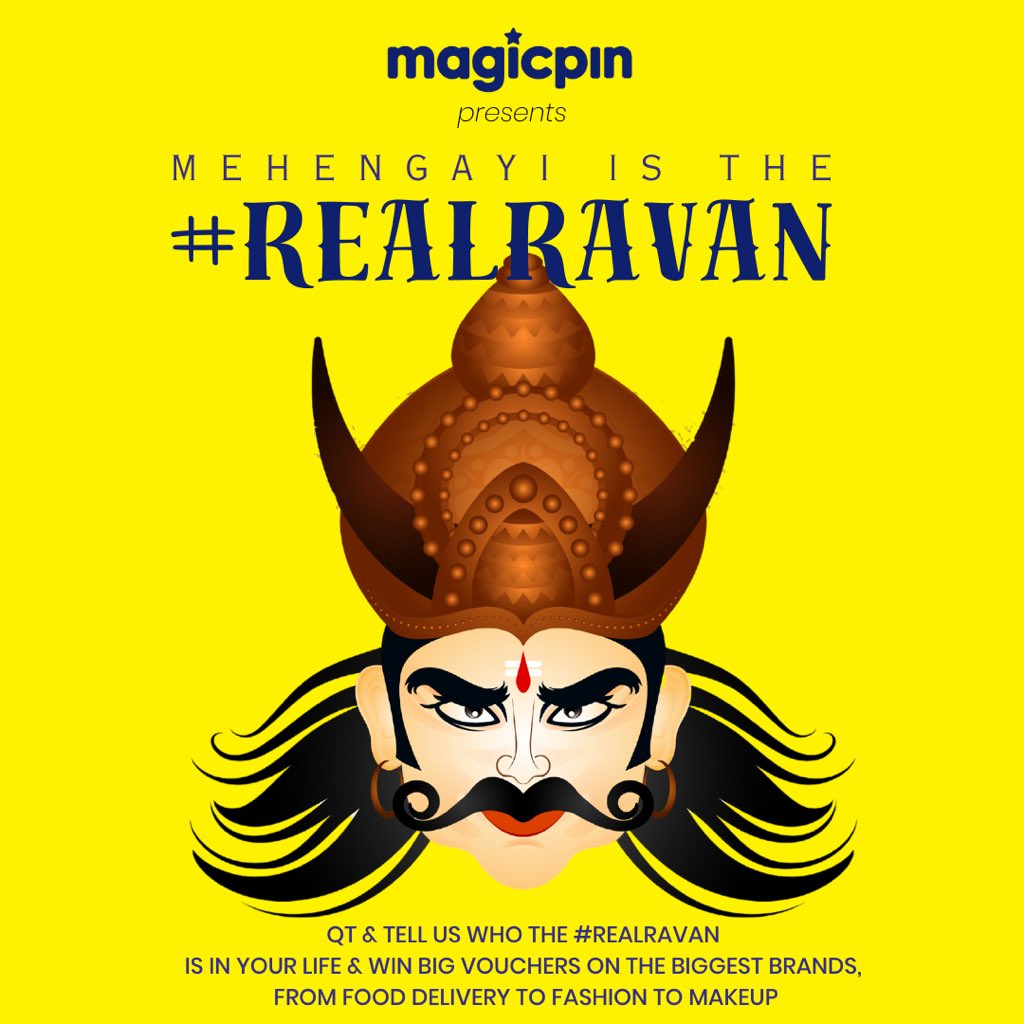 mymagicpin's tweet photo. DUS SAR WALI WINNINGS 🔥
This #dusshera QT & tell us who
the Real Ravan is in your life👺
Could be anything, your toxic ex,
date-night pimples, snake friends🐍
or cringe reels 😂
QT & WIN MASSIVE VOUCHERS
on biggest brands of food delivery,
fashion & more cuz for magicpin,
Mehengayi is the #RealRavan ❤️