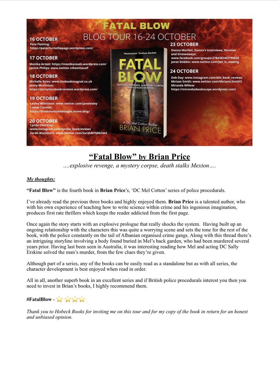 MiriamLSmith3's tweet photo. It’s been a pleasure reading Brian Price’s #DCMelCotton series of #policeprocedurals and an honour to help close the blog tour for #FatalBlow - the fourth book in the series.
@HobeckBooks @crimewritersci #AMothersMusingsSunderland #AMakemMothersMusings #Mexton #HobeckBooks https://t.co/v5McwAVMb9