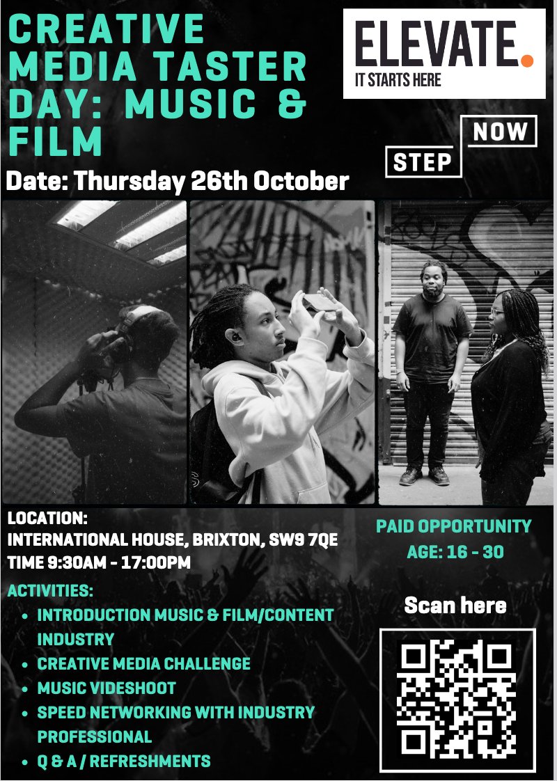 Creative Media Taster Day with <a href="/officialstepnow/">STEP NOW</a> 
💪 Paid opportunity age 16-30
👉 Thursday 26th October
👉 9.30 am to 5 pm
👉 At International House Brixton, SW9 7QE