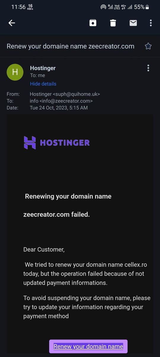 zareefbukhari's tweet photo. @Hostinger is this email from you? https://t.co/xLNjdAUptZ