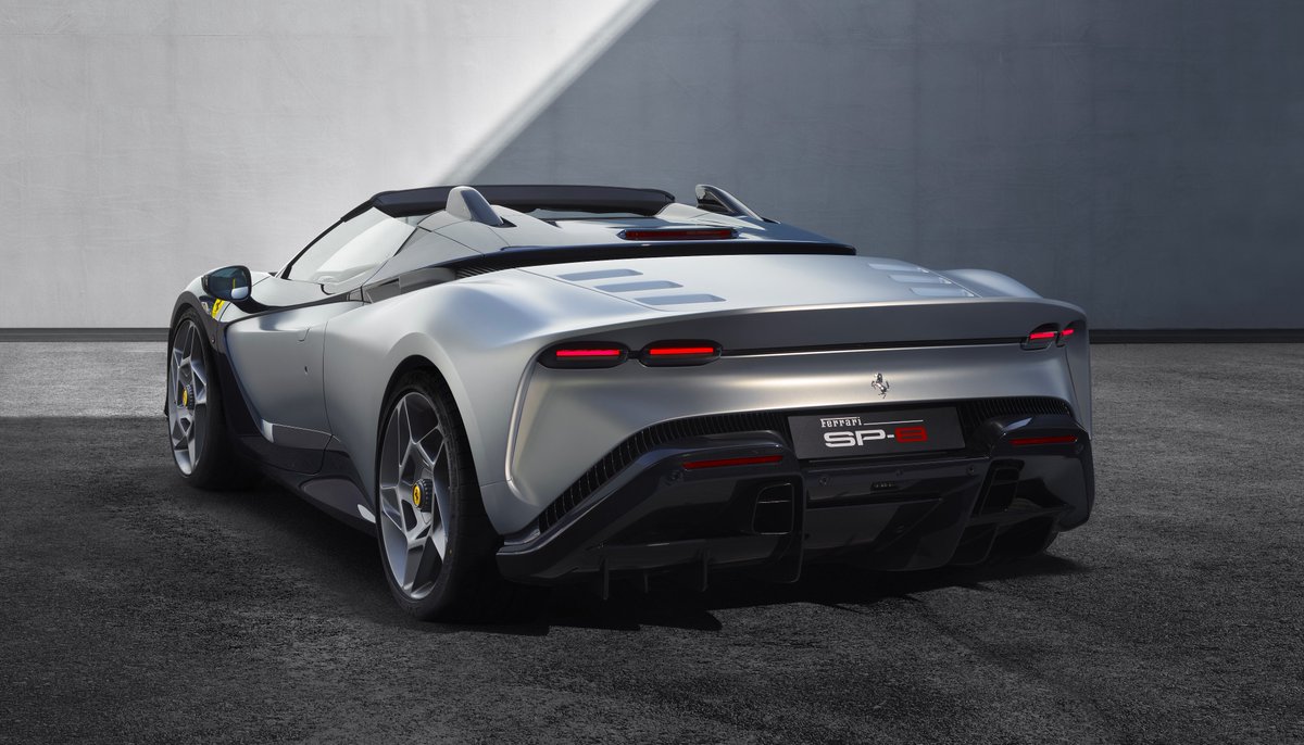 Ferrari's tweet image. Welcome the ultimate addition to the #FerrariOneOff series: the #FerrariSP8.

What truly sets it apart is its open-top design, which showcases its sporty character, while the exclusive matte Argento Micalizzato colour pairs harmoniously with its carbon-fibre elements.

#Ferrari