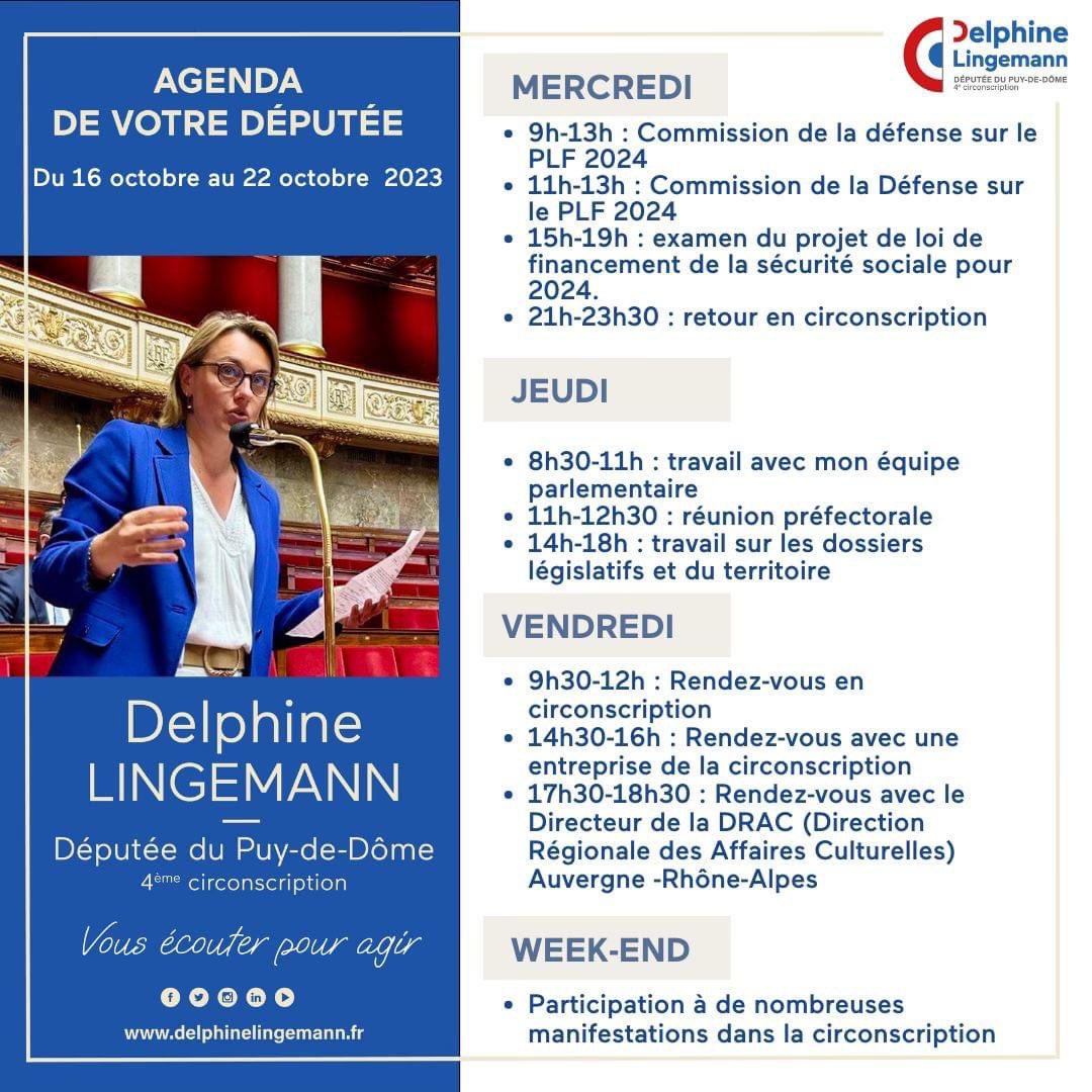 DelphLingemann's tweet photo. 🗓Agenda à l'#AssembleeNationale et dans le #puydedome :
🔹examen du #PLFSS24
🔹rencontre des parlementaires en soutien à la candidature de @clermont2028
🔹rencontres avec les acteurs de la #circo6304
🔹Et bien d’autres engagements…
#deputee
#vousecouterpouragir https://t.co/Jo0tfBoCa7