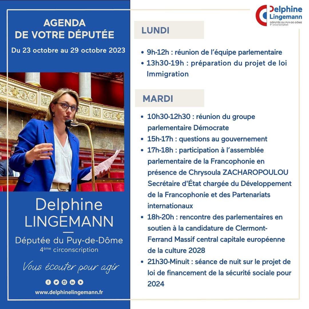 DelphLingemann's tweet photo. 🗓Agenda à l'#AssembleeNationale et dans le #puydedome :
🔹examen du #PLFSS24
🔹rencontre des parlementaires en soutien à la candidature de @clermont2028
🔹rencontres avec les acteurs de la #circo6304
🔹Et bien d’autres engagements…
#deputee
#vousecouterpouragir https://t.co/Jo0tfBoCa7