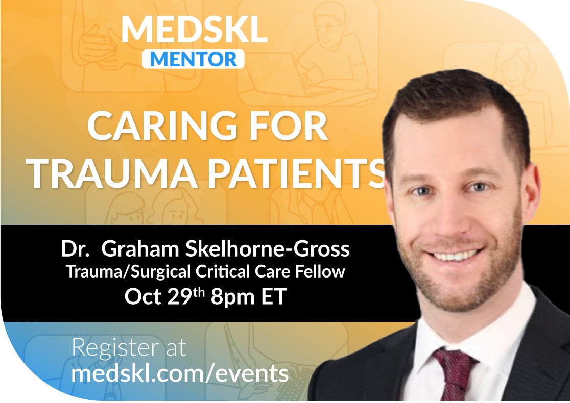 MEDSKL #MENTOR session for #medstudents and #residents on Oct 29 8pm EST: Join  Dr.  Skelhorne-Gross as we talk about how to plan your career to care of #trauma patients through the lens of different specialties (#surgery #EM etc). Register: medskl.com/events #medtwitter