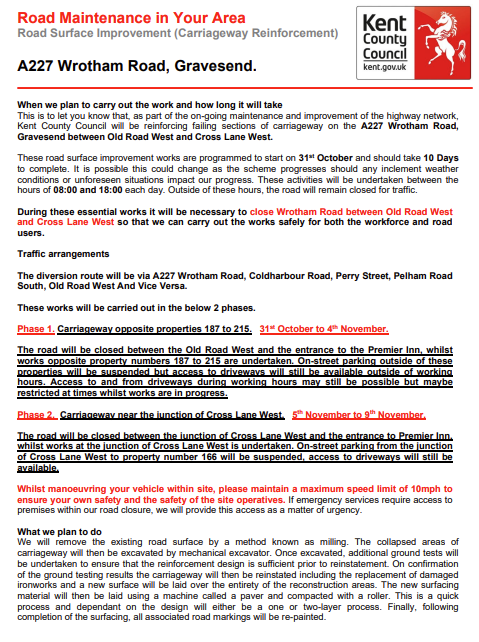 KentHighways's tweet photo. Gravesham, A227 Wrotham Road: Closed from 31st October for up to 10 days to allow for resurfacing works by @KentHighways #Kentresurfacing works: https://t.co/p8XMHuBE7t https://t.co/YdRb0x9zuz