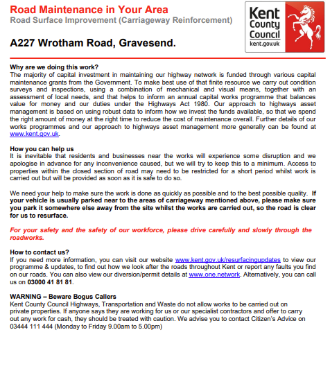 KentHighways's tweet photo. Gravesham, A227 Wrotham Road: Closed from 31st October for up to 10 days to allow for resurfacing works by @KentHighways #Kentresurfacing works: https://t.co/p8XMHuBE7t https://t.co/YdRb0x9zuz