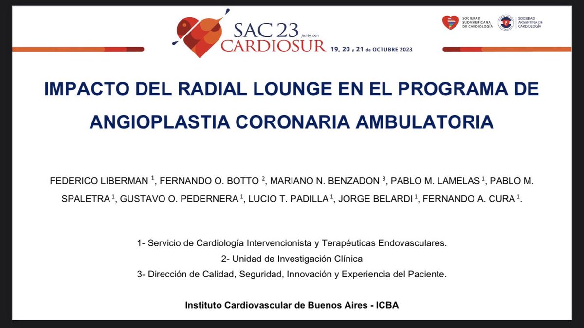 Fedeliberman's tweet photo. Presentación en el Congreso #SAC23 @SAC_54 de trabajos de investigación realizados en el @ICBAonline 🫀 

🥇 Premio Isaac Berconsky de Cardiología Intervencionista por el trabajo del modelo Radial Lounge.

Especial agradecimiento a @ferbotto y @MNBenzadon por todo el apoyo!!! https://t.co/SjnCRgj3rn