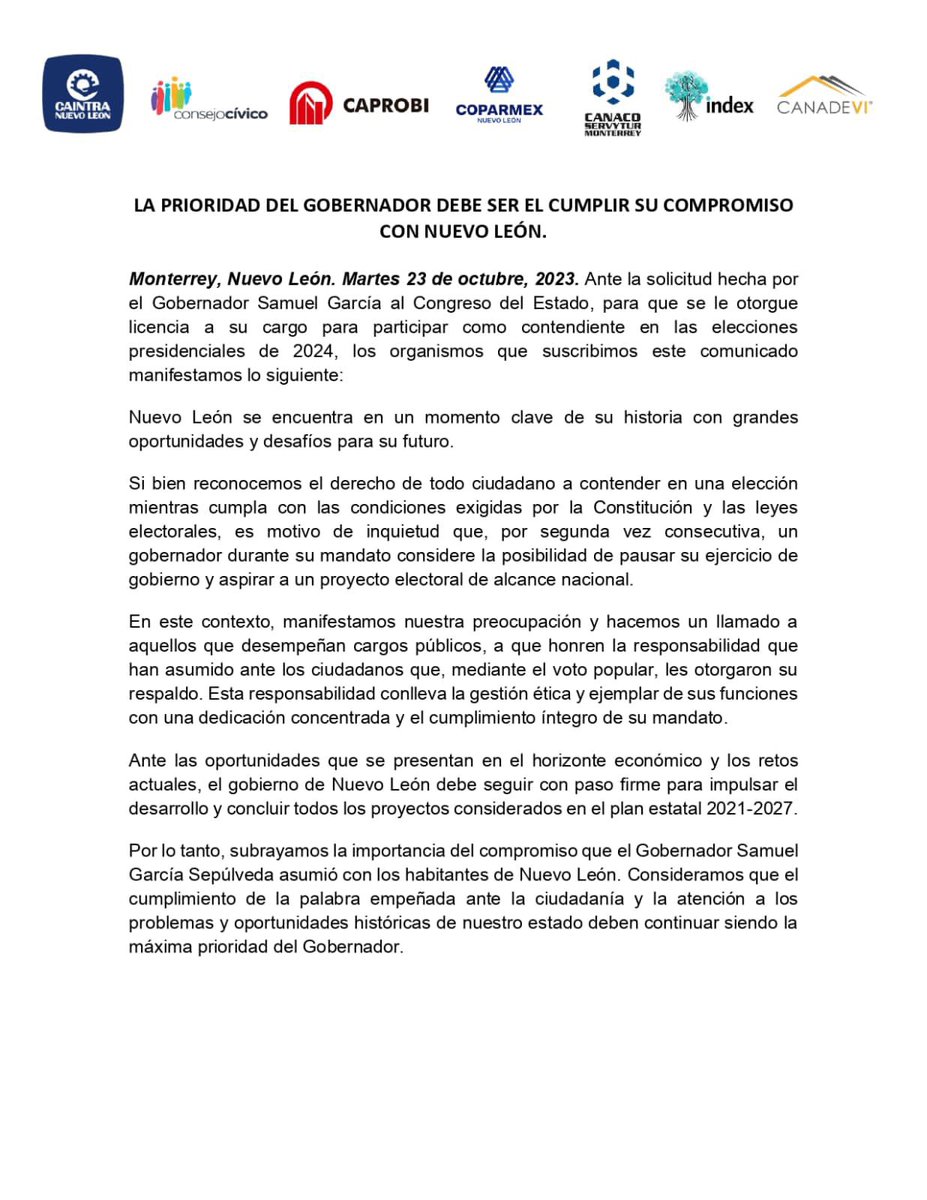 #Relevante | Las cámaras empresariales de Nuevo León expresan su negativa a la solicitud de licencia de Samuel García para buscar la candidatura presidencial de Movimiento Ciudadano