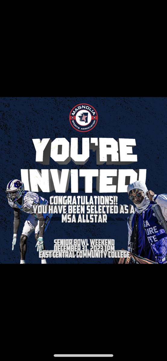 🙏🏾Blessed to be invited to compete in the All star Game.
<a href="/MagnoliaAllstar/">Magnolia Sports Association</a> <a href="/LetsGo_Bo5/">Randall Joyner</a> <a href="/MacCorleone74/">Rion (Ree-un) Young</a> <a href="/GrenadaChargers/">Grenada High School Football</a> <a href="/Jimwtjr/">Jim Tindall</a> <a href="/SouthernMissFB/">Southern Miss Football</a> <a href="/CoachBLacy/">CoachBLacy</a>