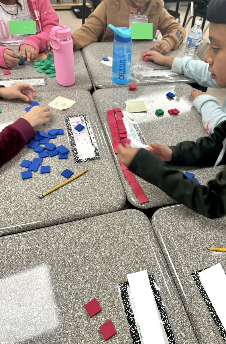 AmericaB1981's tweet photo. #PISDMathChat 
Division Introduction Activity 
There are six students at a table.  A group of two students at that table received either green, yellow, blue or red squares. They had to work together to count them and divide them equally among the six students at the table. https://t.co/bdI3WvLB8V