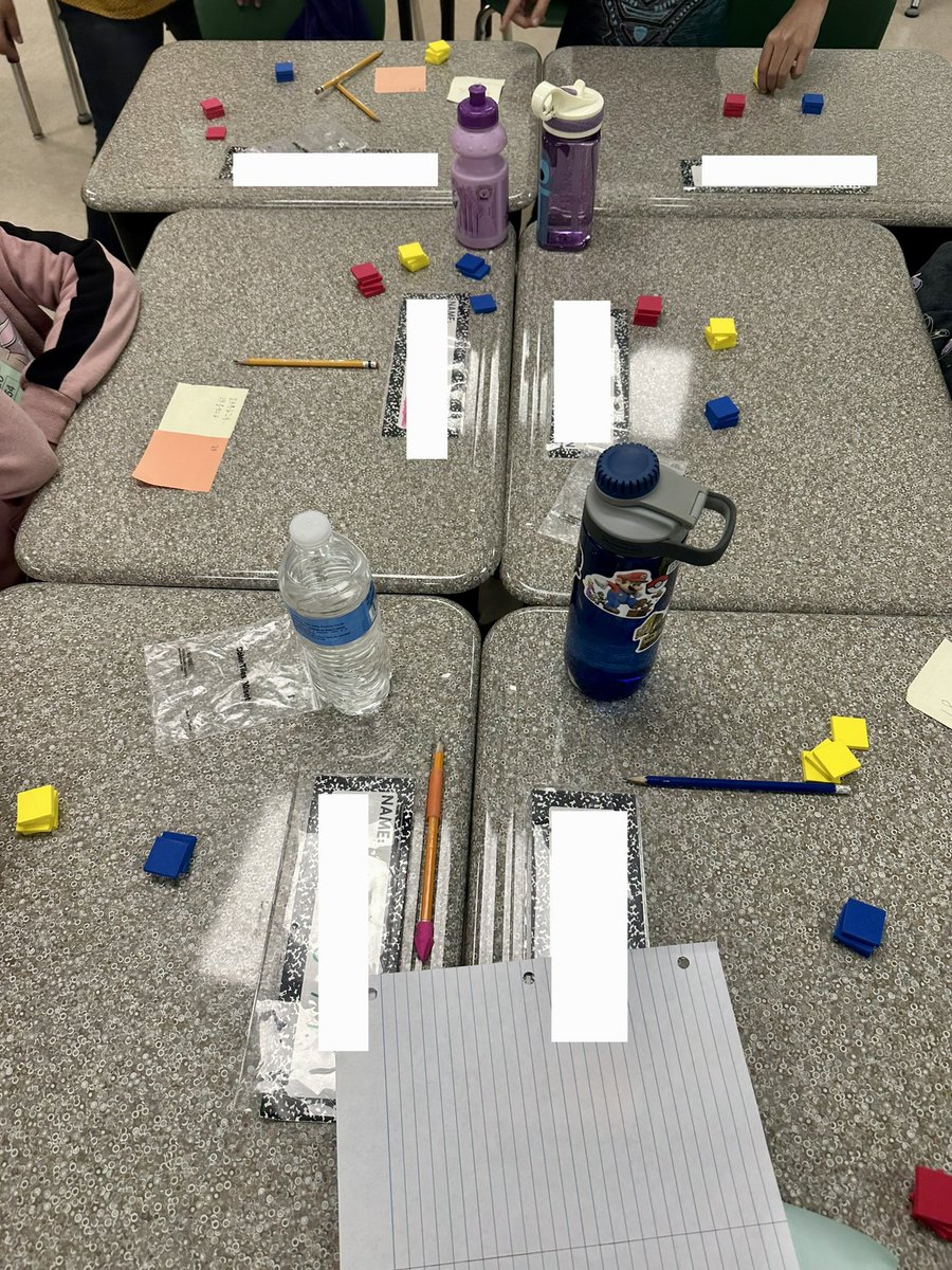 AmericaB1981's tweet photo. #PISDMathChat 
Division Introduction Activity 
There are six students at a table.  A group of two students at that table received either green, yellow, blue or red squares. They had to work together to count them and divide them equally among the six students at the table. https://t.co/bdI3WvLB8V
