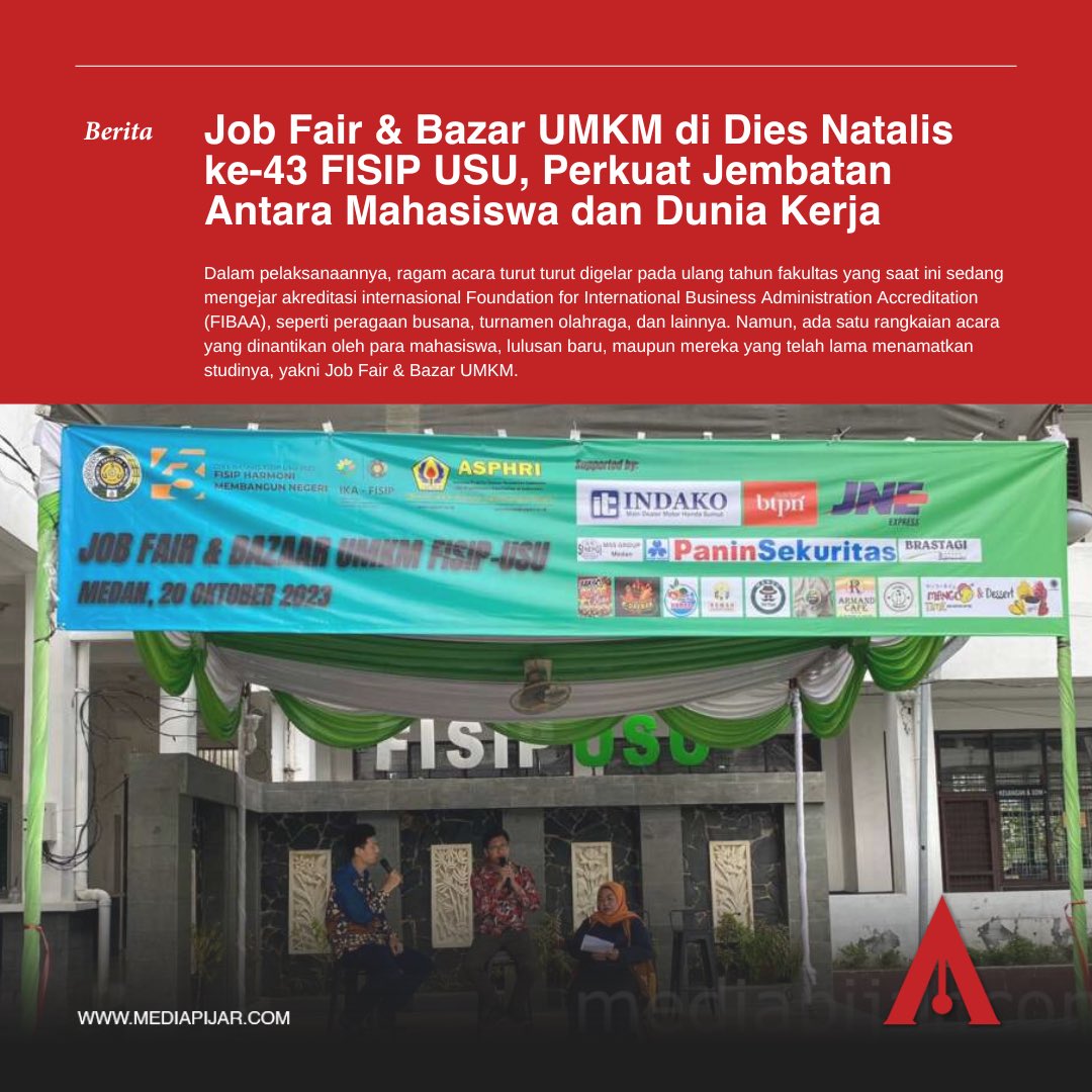 persmapijarusu's tweet photo. Pelaksanaan acara Job Fair & Bazar UMKM ini dilakukan serangkai dengan pelantikan Asosiasi Praktisi Human Resource Indonesia (ASPHRI) di FISIP USU. Berita selengkapnya pada link berikut👇✨
https://t.co/LqAxZ94Mog
#berita #diesnatalis #fisipusu #persmahasiswa #pijar #medan https://t.co/KPONBRRDrA