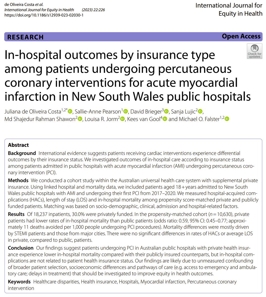 Private patients undergoing PCI for myocardial infarction in public hospitals have similar length of stay and in-hospital complications to public patients, but lower rates of mortality. What unmeasured characteristics are causing this effect?doi.org/10.1186/s12939…