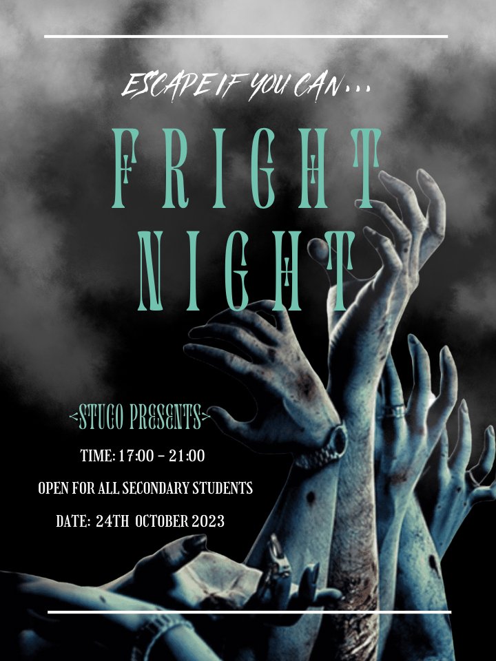 Get ready for a night to remember at the HIS Secondary STUCO Halloween event.
TONIGHT at 5pm!

#HISLearns #Halloween #SecondaryStudentCouncil #Firghtnight