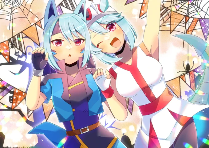 ハヤテ()さんのOC、ストレルカちゃんとFEifのベルカを描かせて頂きました!リクエスト有難うございます ハロウィン近いのでポケモンコス!  I painted ハヤテ's OC, ストレルカ. And I drew ベルカ from FEif! Thanks for the request .  #よその子