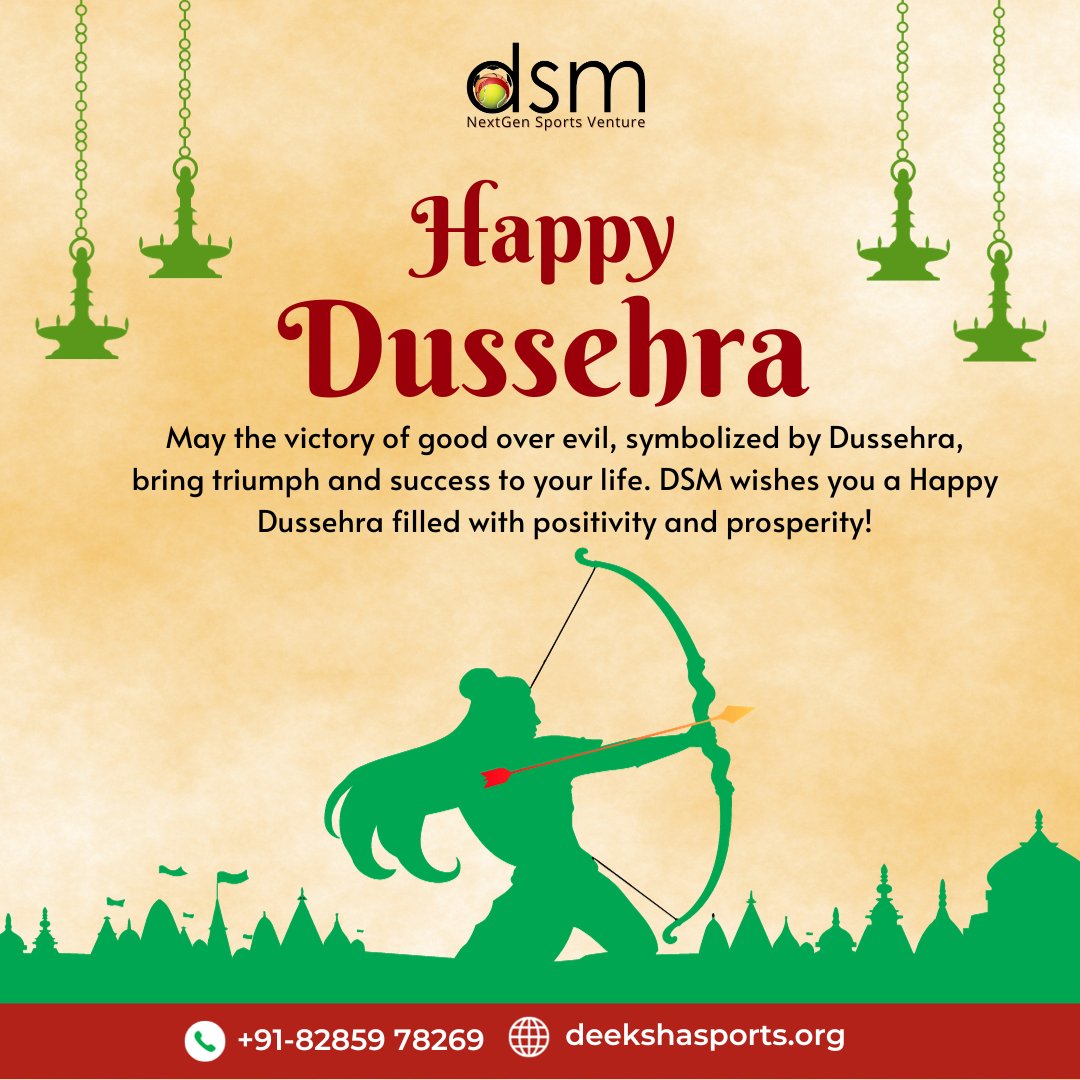 DeekshaSports's tweet photo. May the victory of good over evil, symbolized by Dussehra, bring triumph and success to your life. DSM wishes you a Happy Dussehra filled with positivity and prosperity!

#dussehra #dussehra2023 #HappyDussehra https://t.co/Zt2nJMqwjz