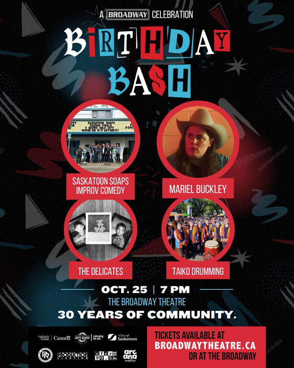 Broadway Theatre (@bwaytheatre) on Twitter photo You better believe we're excited for Wednesday! Our birthday party is only two days away, have you grabbed tickets?! They are just $20 - shorturl.at/dwBV4 🍰🕺🎉
Performances by: <a href="/mariel_buckley/">Mariel Buckley</a>, <a href="/Saskatoonsoaps/">Saskatoon Soaps</a>, Living Sky Taiko Drumming, Cree Canaries, & the Delicates! 🥳 You better believe we're excited for Wednesday! Our birthday party is only two days away, have you grabbed tickets?! They are just $20 - shorturl.at/dwBV4 🍰🕺🎉
Performances by: <a href="/mariel_buckley/">Mariel Buckley</a>, <a href="/Saskatoonsoaps/">Saskatoon Soaps</a>, Living Sky Taiko Drumming, Cree Canaries, & the Delicates! 🥳