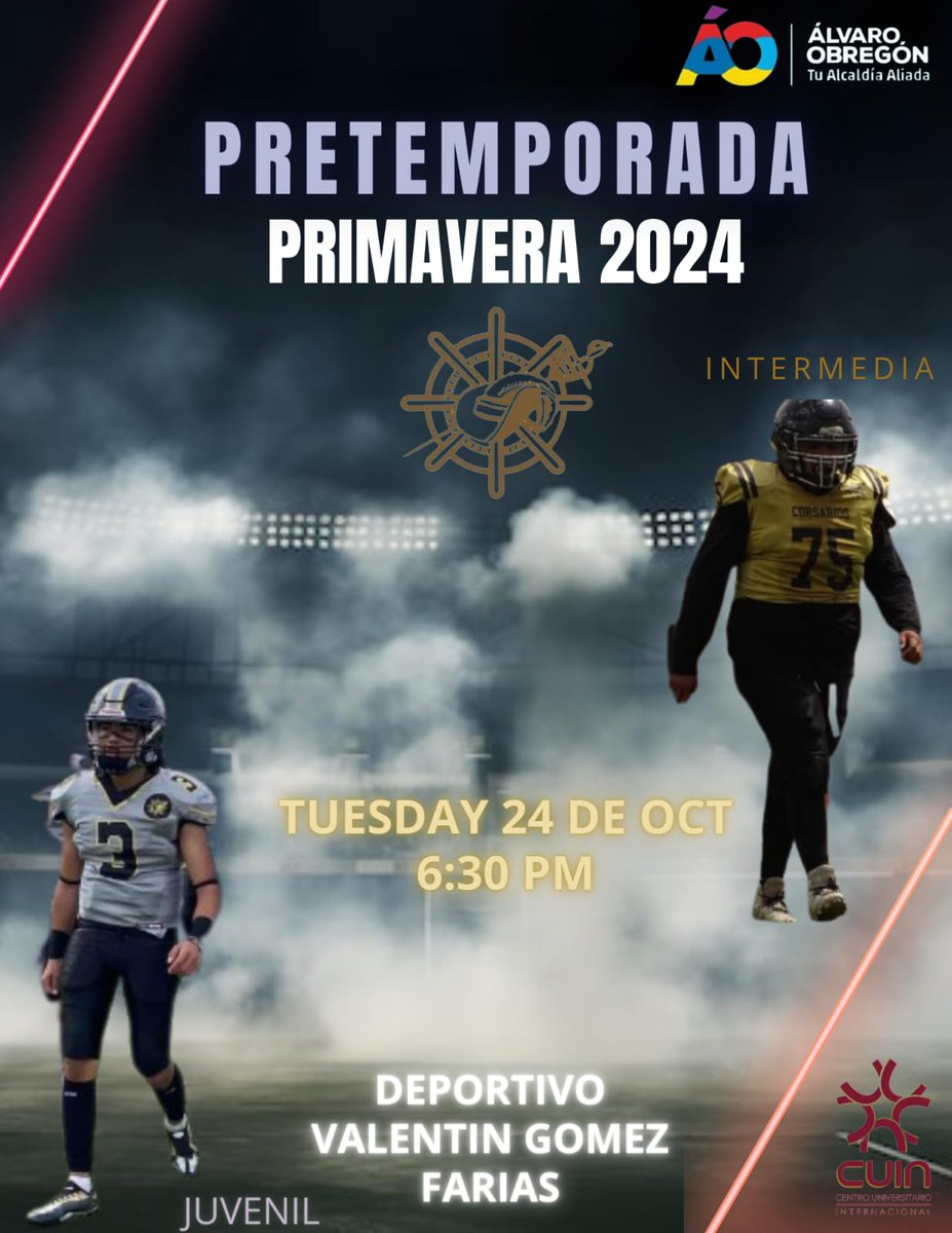 Nos vemos mañana para iniciar pretemporada para primavera 2024.
Ven al mejor equipo de la cdmx.
Intermida nacidos en 
1999-2005
Juvenil
2006-2009.
Go Corsarios 🖤💛🤍