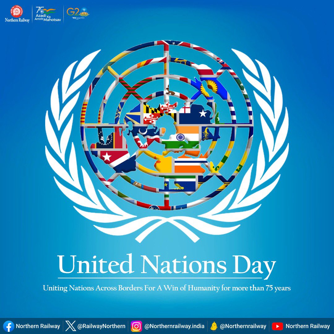 वसुधैव कुटुंबकम् ! 🌎

Happy 78th United Nations Foundation Day! On this day, Northern Railway celebrates Unity, Peace, and Cooperation among nations. 

Let's continue working together to build a better world for all.

#UnitedNationsDay