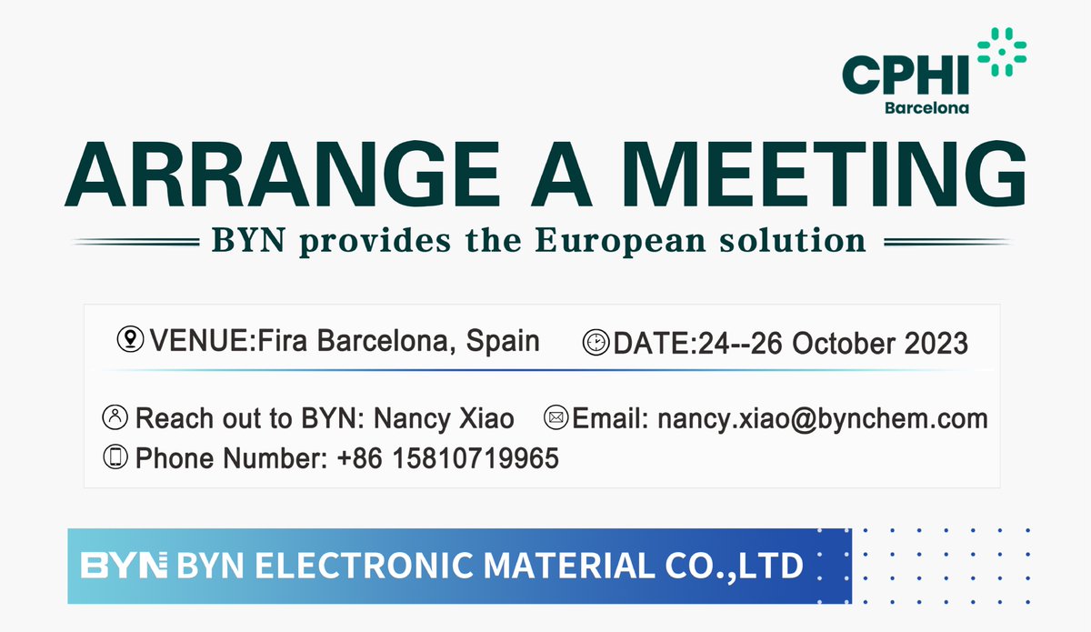 #BYN is coming to <a href="/CPHI_Events/">CPHI</a> #Barcelona! If you need #NMP, #GBL, #CHA, or #DCHA in #Europe or elsewhere, get in contact for a meeting from 24th October to 26th.

For Twitter users, please DM <a href="/Loraaa1221_/">saar</a> directly, or contact Ms. Xiao as per her details below.
