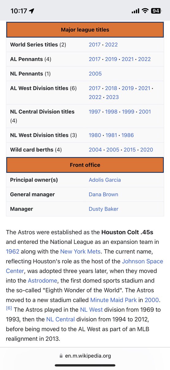 The Houston Astros Wikipedia page has been edited to show Adolis Garcia as the organization’s principal owner