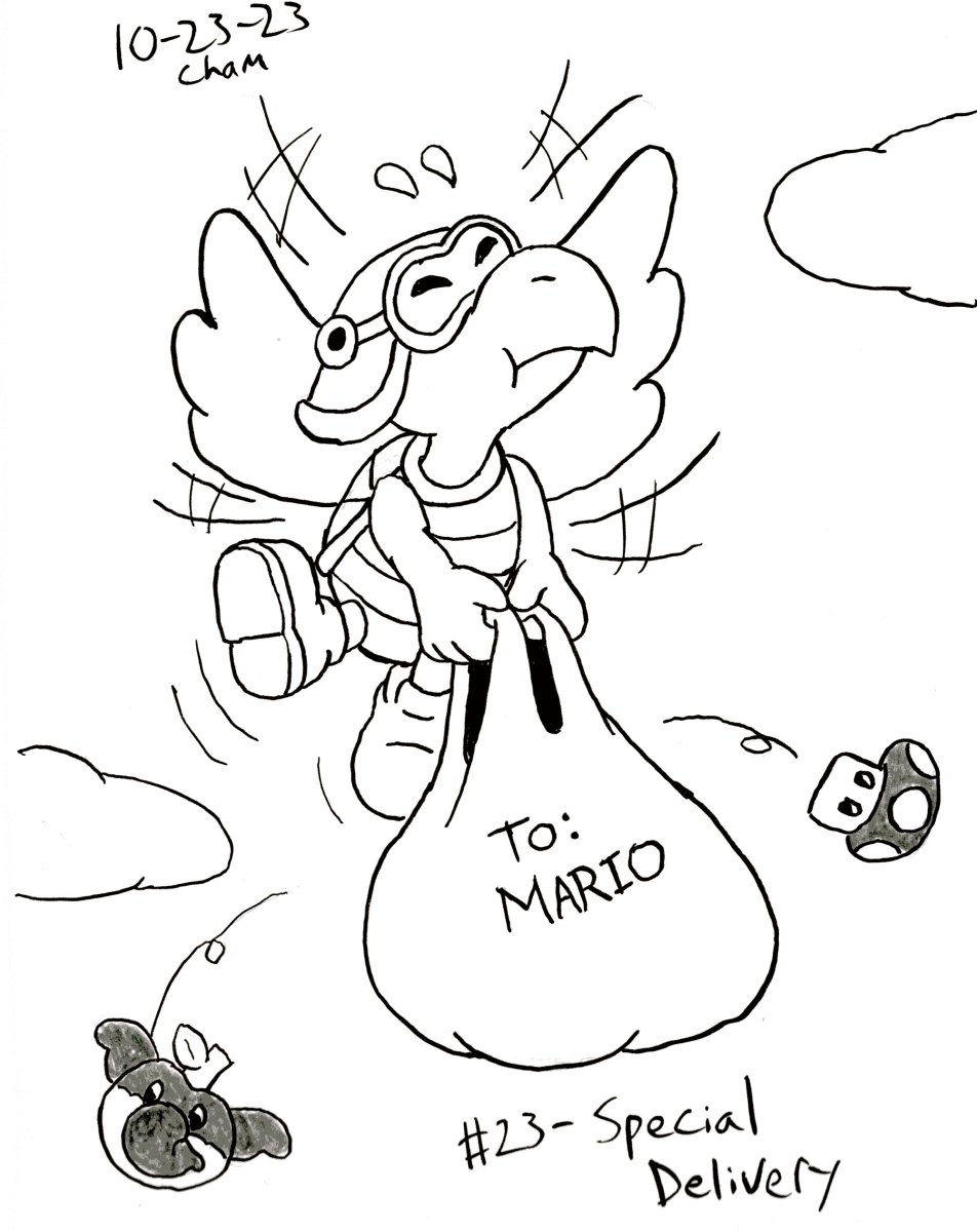 #Inktober Day 23 - Special Delivery

I've been playing Super Mario Bros. Wonder (of course), and it's a ton of fun. It definitely put me in a Mario mood for today.
#art #SuperMarioBrosWonder