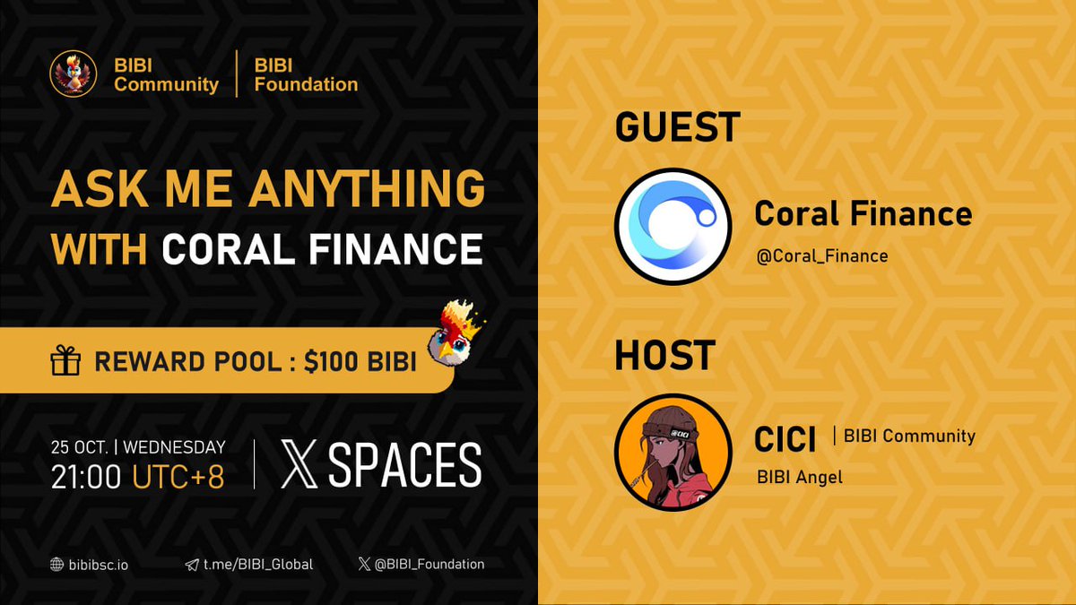 BIBI_Foundation's tweet photo. AMA at 21:00 (UTC+8) on October 25th 🎉

#BIBI X #Coral Finance Looking forward to our first AMA with @Coral_Finance 

Set Your Reminder: 👇 👇 👇
https://t.co/UyIHYjlusw

Join the exciting $100 BIBI token Giveaway for AMA with Coral Finance on @taskonxyz with me🙌 and START EARNING🤑: https://t.co/Yv3pXcBZmw