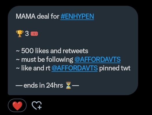 ksniconz_'s tweet photo. MAMA deal for #ENHYPEN 

🏆 3 🎟️

~ 500 likes and retweets
~ must be following @AFFORDAVTS 
~ like and rt @AFFORDAVTS pinned twt

— ends in 24hrs ⏳—
#ENFuelUp #ENVOOSTERS https://t.co/TeVSbtRkB9