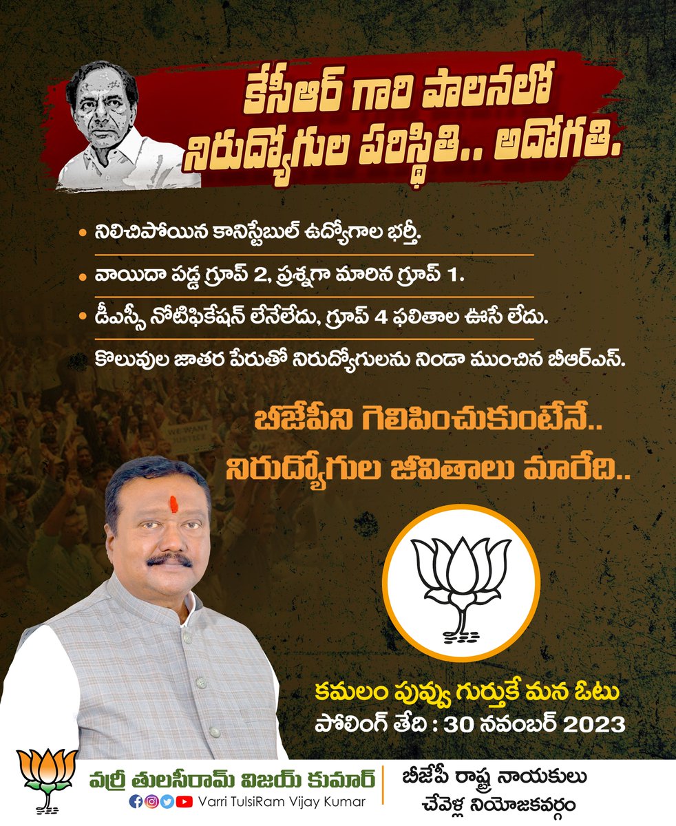 TulsiramVarri's tweet photo. కెసిఆర్ గారి పాలనలో నిరుద్యోగుల పరిస్థితి.. అదోగతి..

బీజేపీని గెలిపించుకుంటేనే నిరుద్యోగుల జీవితాలు మారేది..

కమలం పువ్వు గుర్తుకే మన ఓటు 
పోలింగ్ తేది : 30 నవంబర్ 2023 

#VoteforBJP https://t.co/m2i9WpaeeZ