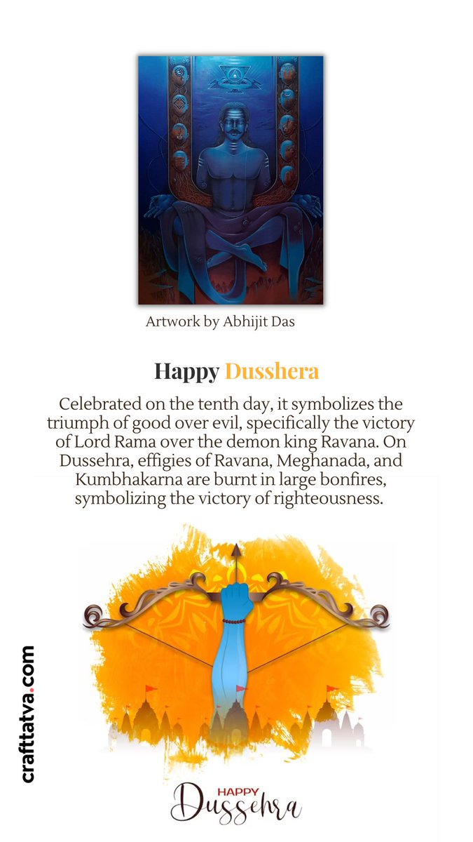 CraftTatva's tweet photo. May the triumph of good over evil on this auspicious day of Dussehra inspire us all to conquer our inner demons. 🏹🌟 #HappyDussehra #VictoryOfGood https://t.co/D3xcj4mw5o