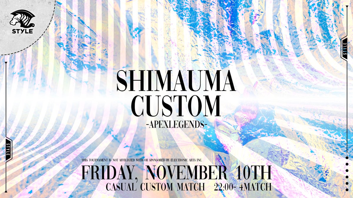 STYLE_OfficiaL6's tweet photo. - SHIMAUMA CUSTOM -

eスポーツチームSTYLEプレゼンツ
カジュアルカスタムマッチ開催決定🎉✨

11月10日（金）
22:00~ 4マッチ

STYLE所属メンバーを始め、
様々な配信者が参加します！

今回は一般参加チームを
５チーム募集いたします🔥

概要とエントリーはこちら↓
https://t.co/R25IVSbHgc https://t.co/TAwLs3GunM