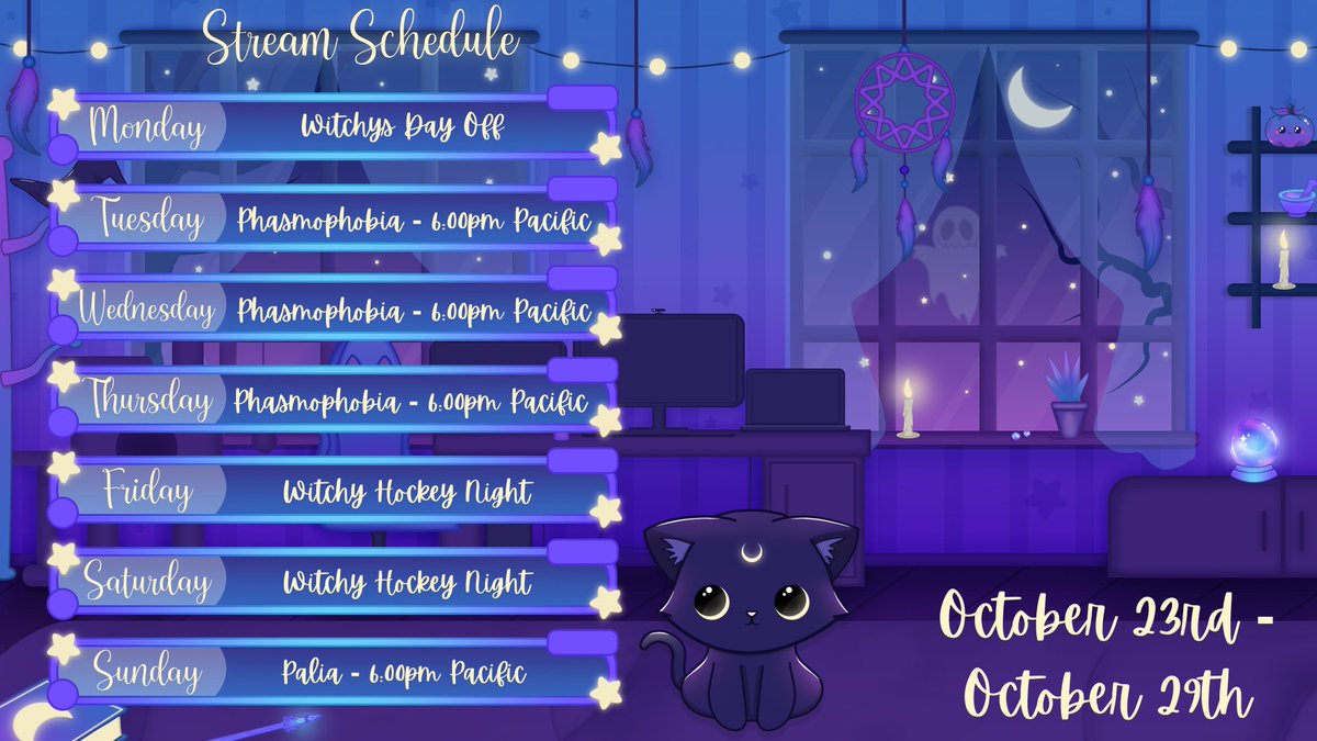 WitchyNerdX's tweet photo. 👻🗓️ Here's this week's schedule, witches and ghouls! Join me for some spoopy ghost hunting in Phasmophobia as we creep our way towards Halloween! 👻🎃 Then, on Sunday, we're going full-on wholesome, spending the evening in Kilima playing @playpalia Can't wait to see all you ghouls in the coven! 🔮 #HalloweenCountdown #GhostHunting #PaliaFun #WitchOnTwitch #RiseAbove #WitchysCoven