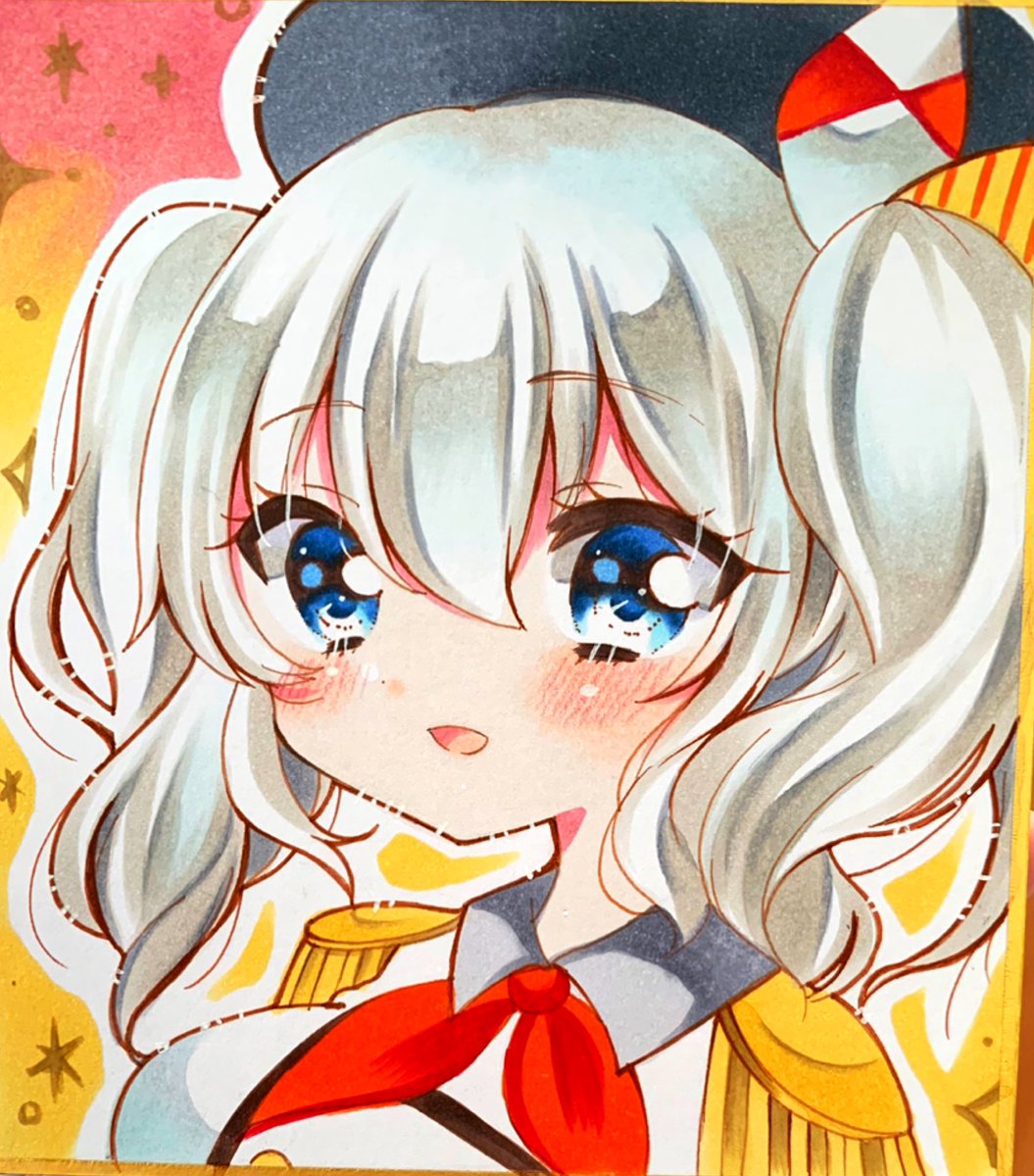 kashima (kancolle) 1girl solo blue eyes traditional media hat red neckerchief twintails  illustration images