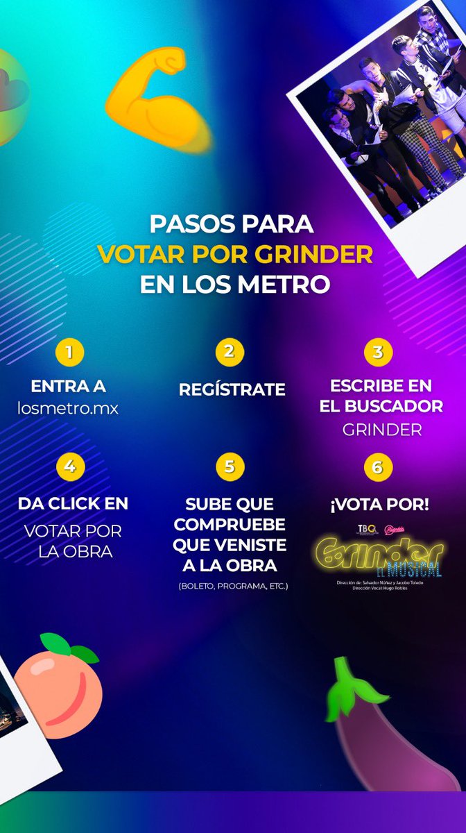 Llego el momento de votar por #GRINDERELMUSICAL 🎭🌈en <a href="/losmetromx/">Los Metro</a> cómo la obra favorita del público. 

Sigue estos sencillos pasos y apoya a tu comedia musical gay favorita ❤️ .

Vota ya aquí: losmetro.mx/obra/grinder-e…