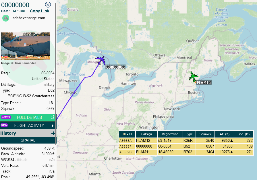 SirListenalot's tweet photo. ~0135z #KC46 #AE5F9D as #FLAM11 & #KC135 #AE085A as #FLAM12 out of Pease on their way to AR-62E for AR with three #B52's #AE588F #STORM01 out of Barksdale
At 0337 B52 #STORM03 left the formation and rtb to KBAD (Barksdale) https://t.co/xWpkHRqLKd