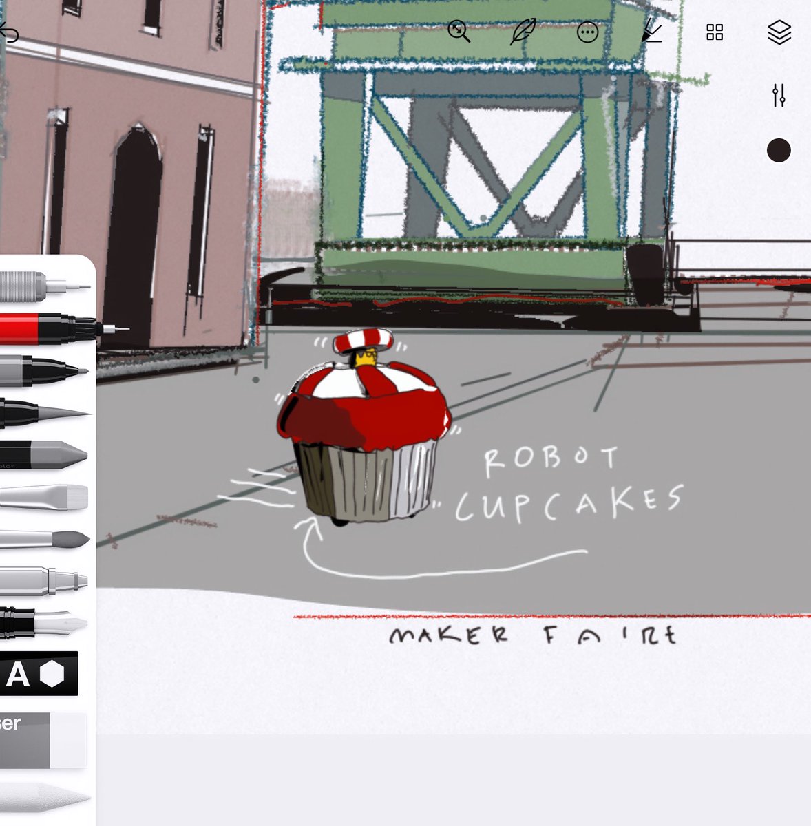human powered robot cupcakes sketch-notes MAKER FAIRE on MARE ISLAND
#makerfaire #maker #cupcakes #vallejo #california @makerfaire #mareisland #sketch #sketchnotes #digitalart #art #digital #digitalpainter #dougwittnebel #makersmovement #creator  #robot #robotics #crane #shipyard