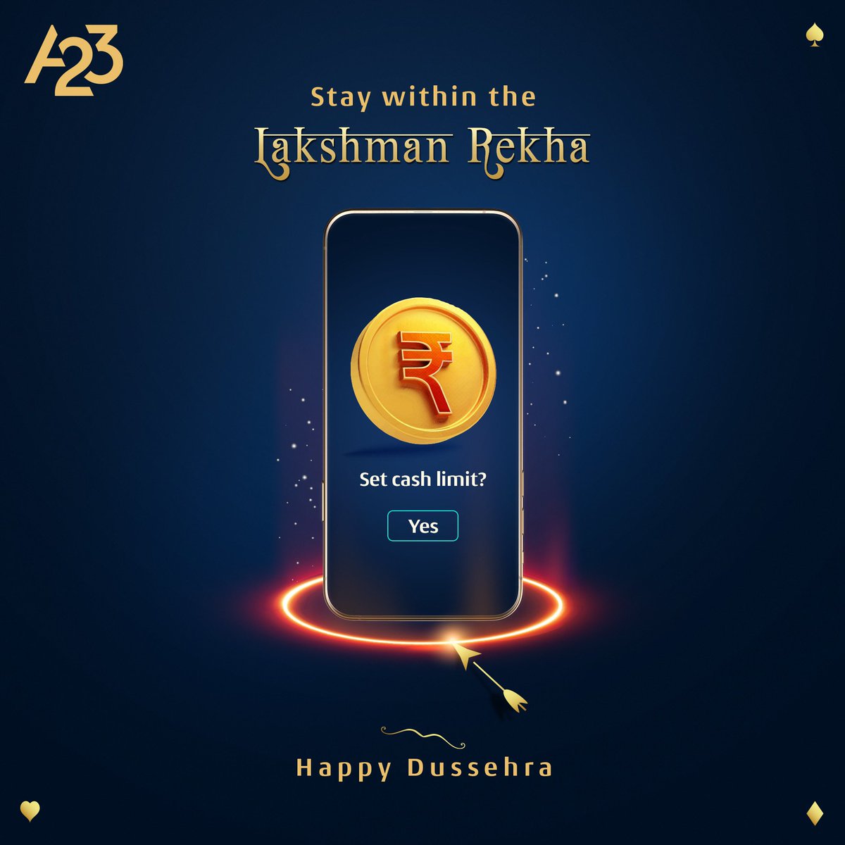 You enjoy gaming more when you are clear about your limits. Set a cash and time limit on A23 and celebrate with us. Wishing you a happy Dussehra!

#A23 #Dusshera #ChaloSaathKhelein #A23Rummy #A23Games #A23Poker
