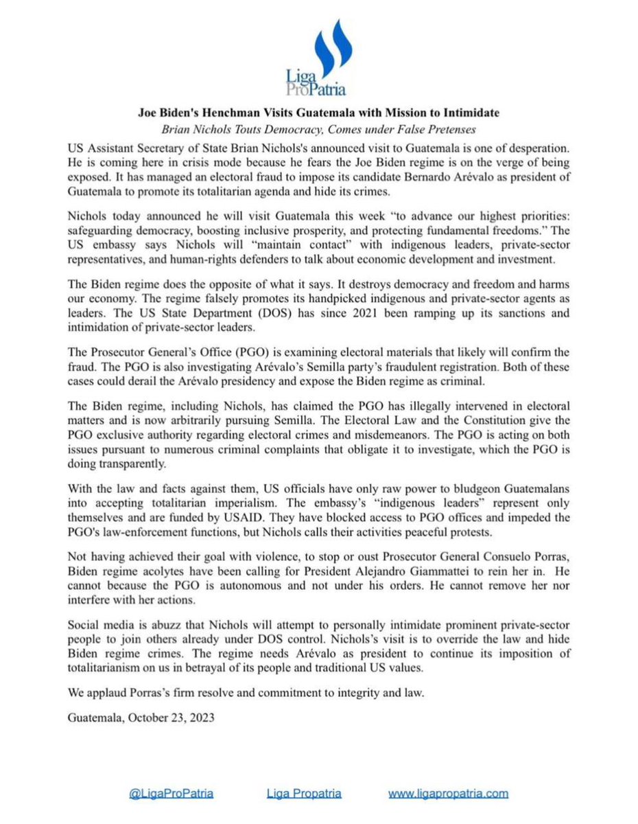 LigaProPatria's tweet photo. .@WHAAsstSecty says he visits #Guatemala to protect democracy. Comes under false pretenses. Fears @MPguatemala legitimate investigations will expose Biden regime criminality. Mission is to intimidate Guatemala to stop or remove valiant Prosecutor General, faithful to the law. https://t.co/1g7G7EDcQY
