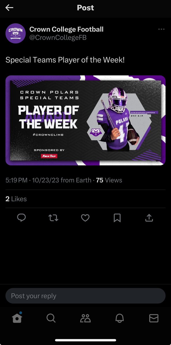 ChrisCardona87's tweet photo. Got some really good punts this past game. Really happy how they came out @CrownCollegeFB @_Coach_Franz https://t.co/gtCeEkpw0l