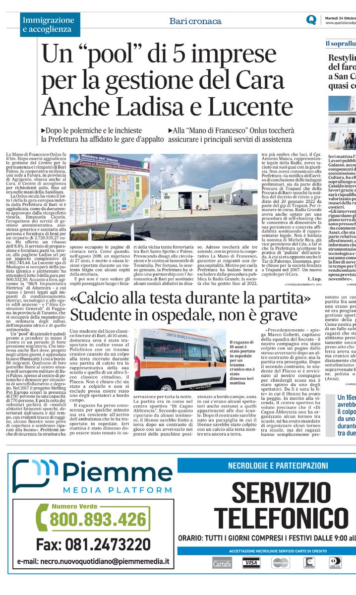 Luigi Lupo (@luigilupo93) on Twitter photo La Mano di Francesco Onlus fa il bis. Dopo essersi aggiudicata la gestione del Centro per la Permanenza e i rimpatri di Bari Palese, la cooperativa siciliana, con sede a Favara, in provincia di Agrigento, sbarca anche al Cara.
Oggi sul <a href="/Quoti_Puglia/">Quotidiano di Puglia</a> La Mano di Francesco Onlus fa il bis. Dopo essersi aggiudicata la gestione del Centro per la Permanenza e i rimpatri di Bari Palese, la cooperativa siciliana, con sede a Favara, in provincia di Agrigento, sbarca anche al Cara.
Oggi sul <a href="/Quoti_Puglia/">Quotidiano di Puglia</a>