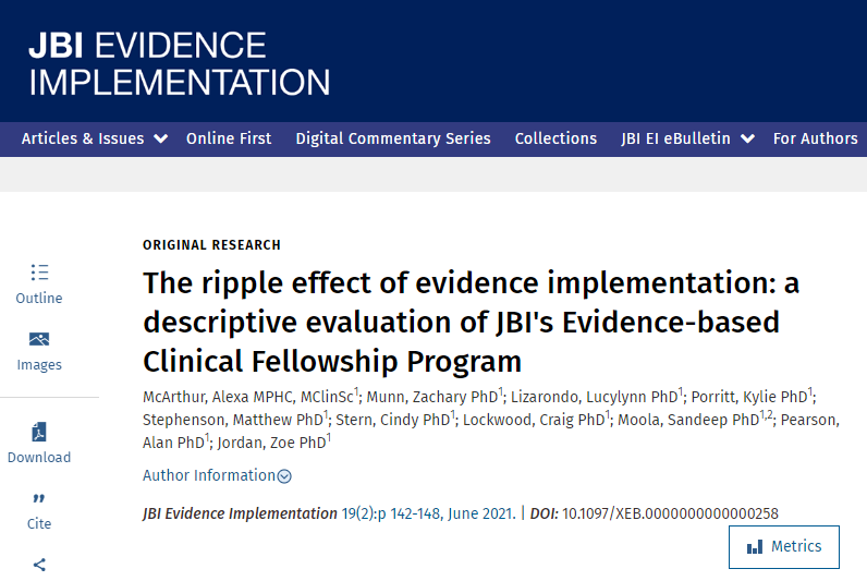 Throughout health services globally, there are acknowledged gaps in the translation of the best evidence into clinical practice.
This study evaluates the impact of JBI's Evidence #implementation Training Program.
Read about the ripple effect: tinyurl.com/4a6h372b