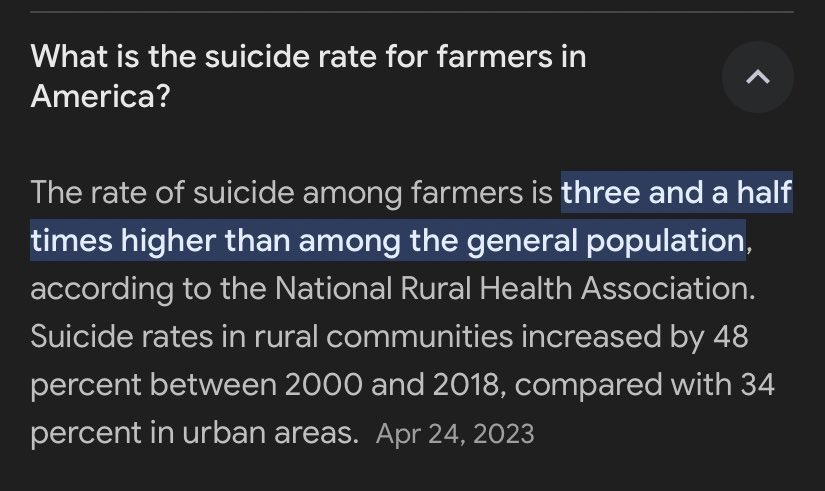 VesperRomance's tweet photo. WHY ARE FARMERS KILLING THEMSELVES
IN RECORD NUMBERS @RealJamesWoods?

Veterans 🇺🇸 &amp; FARMERS 👩‍🌾
have among the HIGHEST Incidences 
of Occupational Related Suicide

https://t.co/eipzof8NiU
HELPLINE 833-879-2474 🚨
via @GoldStar_2Step @MBRTalk Tracy@MBRadio.US
&amp; Texas Ag Commission https://t.co/kuHGd6BM7a