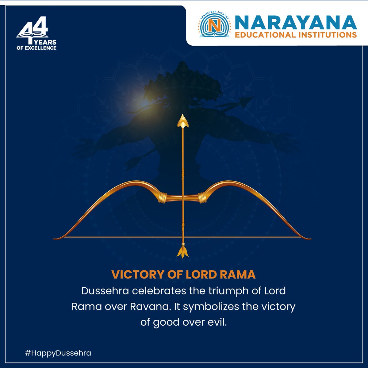 NarayanaEdu's tweet photo. Celebrating the triumph of good over evil, the power of truth, and the victory of righteousness! Wishing you all a joyous and prosperous Dussehra!

#Dussehra2023 #NavaratriFestival #Dussehra #GoodOverEvil  #FestiveVibes #44YearsOfExcellence #NarayanaSchools #TheNarayanaGroup https://t.co/5VeBwuvFqz
