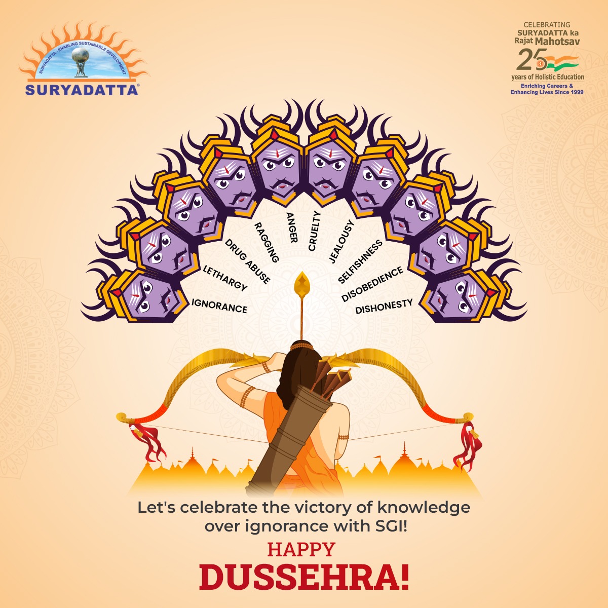As we celebrate Dussehra, let's ignite the flames of goodness within each of us! Wishing you a triumphant and joyful Dussehra. Happy Dussehra! #Dussehra #SGI #LifeAtSGI #Vijayadashami #GoodOverEvil #DussehraFestival #Ramayana #Ravana #LordRama #Celebration #FestiveVibes