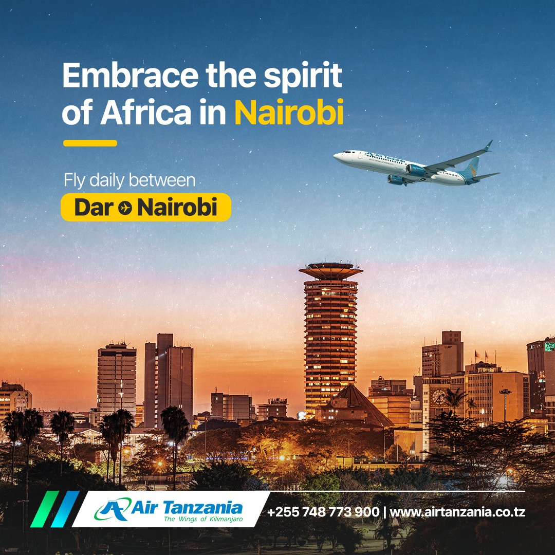 AirTanzania's tweet photo. Fly with us from Dar to Nairobi every day. Visit https://t.co/6cH9iUpbyg to book your flight.
.
.
Safiri nasi kila siku kati ya Dar na Nairobi. Tembelea https://t.co/6cH9iUpbyg kukata tiketi yako.

TAARIFA:
Kwa maelezo yoyote kuhusu bei za tiketi za ndege na kuhusu safari zetu tafadhali tembelea tovuti yetu https://t.co/6cH9iUpbyg au tupigie bure +255 748 773 900 kwa maelezo zaidi.

#FlyAirTanzania #Nairobi